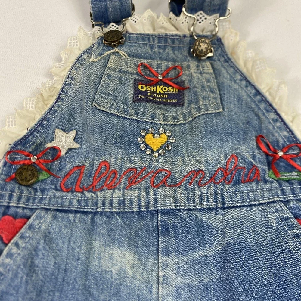 Vintage OshKosh Bgosh Overalls Girls 18 Months Denim Vestbak Hearts Lace 90s